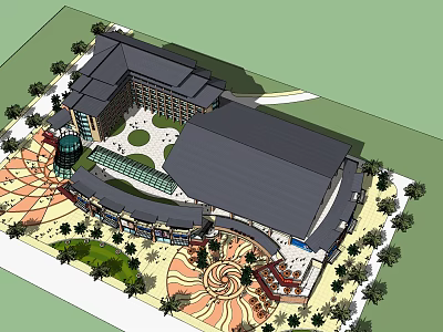 Modern Hotel Building Design with Landscaped Plaza Palm Trees and Open Courtyard 3d model