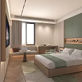 Modern Hotel Room Interior Featuring Comfortable Bed Green Bedspread Chair Table Laptop And TV