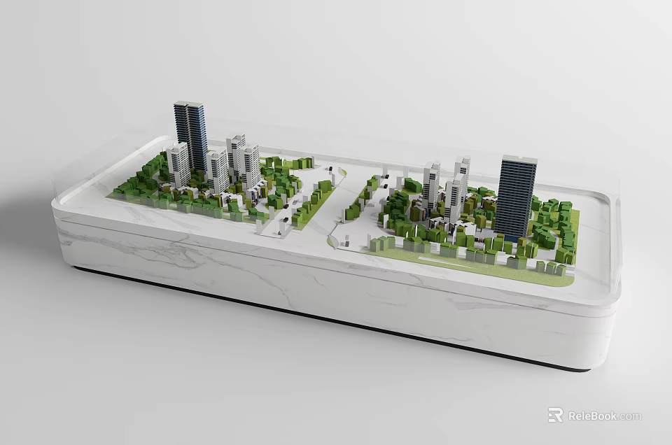 Commercial Model Equipment With Tall Buildings Green Areas Roads On White Marble Base Transparent Case 3d model 