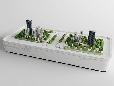 Commercial Model Equipment With Tall Buildings Green Areas Roads On White Marble Base Transparent Case 3d model