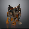 Vintage Leather Saddle Display On Wooden Stand With Straps And Stirrups