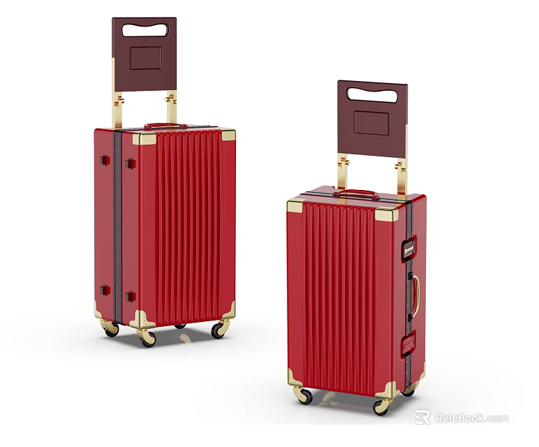 Red Suitcases with Telescopic Handles Gold Accents and Rolling Wheels 3d model 