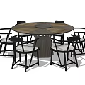 Modern Round Dining Table Set With Six Black Frame Chairs And White Cushions