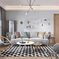 Modern Living and Dining Room Interior with Sofa Coffee Table Dining Set and Plants