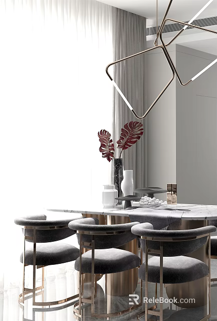 Elegant Modern Dining Table Set With Marble Top Plush Chairs And Decorative Vases 3d model 