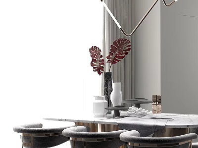 Elegant Modern Dining Table Set With Marble Top Plush Chairs And Decorative Vases 3d model