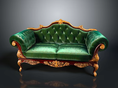Ornate Green Velvet Sofa With Golden Carved Accents And Wooden Legs 3d model