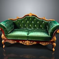 Ornate Green Velvet Sofa With Golden Carved Accents And Wooden Legs
