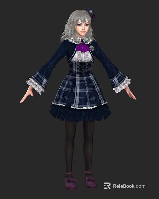 Woman Wearing Dark Blue Plaid Skirt With White Lace Details And Long Sleeves 3d model 