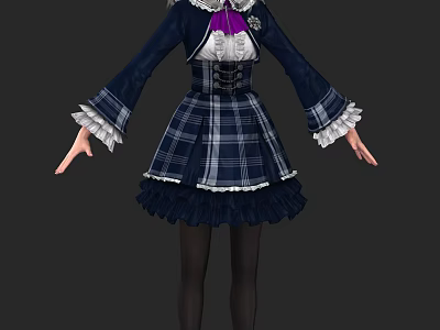 Woman Wearing Dark Blue Plaid Skirt With White Lace Details And Long Sleeves 3d model