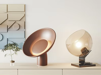 Modern Table Lamps With Bowl Shaped And Transparent Spherical Design On White Cabinet 3d model