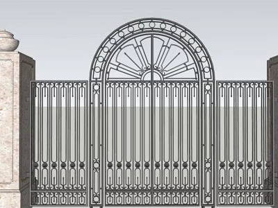 Elegant Wrought Iron Entrance Gate With Arched Top And Radiant Decorative Design Stone Pillars 3d model