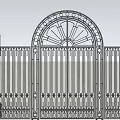 Elegant Wrought Iron Entrance Gate With Arched Top And Radiant Decorative Design Stone Pillars