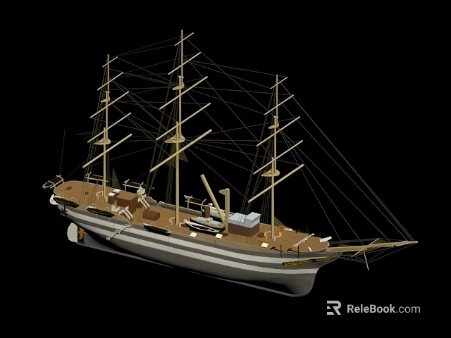 Classic Wooden Sailing Ship With Multiple Masts Rigging And Deck Details 3d model 