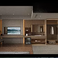 Hotel Room Interior With Modern Wooden Furniture TV Vanity Wardrobe And Mini Fridge