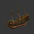 Cartoon Scene Of A Sailing Ship With Three Masts Brown Hull And Red Decorative Details