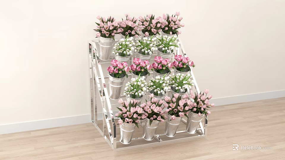 Pink And White Flowers In Metal Pots On Transparent Multi Tiered Indoor Display Rack 3d model 