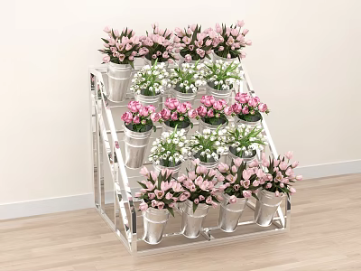 Pink And White Flowers In Metal Pots On Transparent Multi Tiered Indoor Display Rack 3d model
