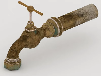 Rusty Metal Water Faucet With Vintage Handle And Pipe Structure 3d model