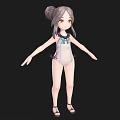 A Woman With Double Buns Hairstyle In White One Piece Swimsuit And Bow Tie Sandals