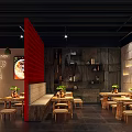 Modern Restaurant Interior With Red Grid Wall Stone Bar Wooden Tables And Pendant Lights