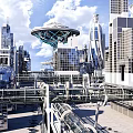 Cartoon Scenario Of Futuristic City With Tall Glass Buildings Flying Vehicles And Sky Bridges 3d model