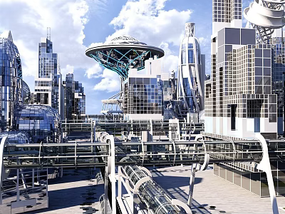 Cartoon Scenario Of Futuristic City With Tall Glass Buildings Flying Vehicles And Sky Bridges 3d model
