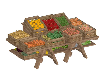 Wooden Display Shelf With Multiple Crates Holding Fresh Fruits And Vegetables 3d model
