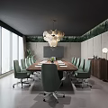 Modern Conference Room With Long Wooden Table Green Office Chairs Large Windows And Greenery Wall