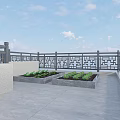 Chinese Style Home Balcony With Stone Table Stools Intricate Railing And Blue Sky Clouds