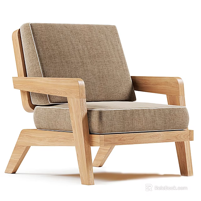 Modern Wooden Frame Single Chair With Linen Upholstered Seat Backrest And Armrests 3d model 