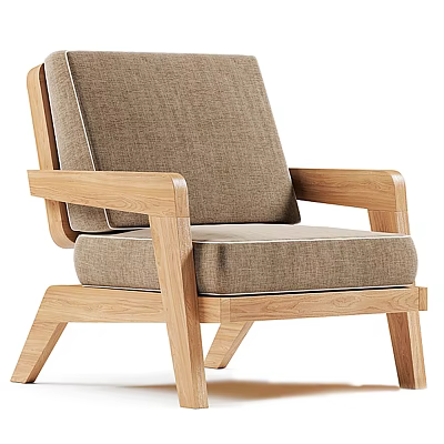 Modern Wooden Frame Single Chair With Linen Upholstered Seat Backrest And Armrests 3d model