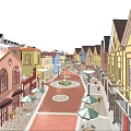 Vibrant Commercial Street with Colorful Buildings Pedestrians Circular Plaza Street Lamps and Outdoor Cafes