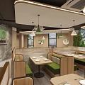 Modern Restaurant Interior With Wooden Booth Seating Green Pendant Lights And Yellow Chairs