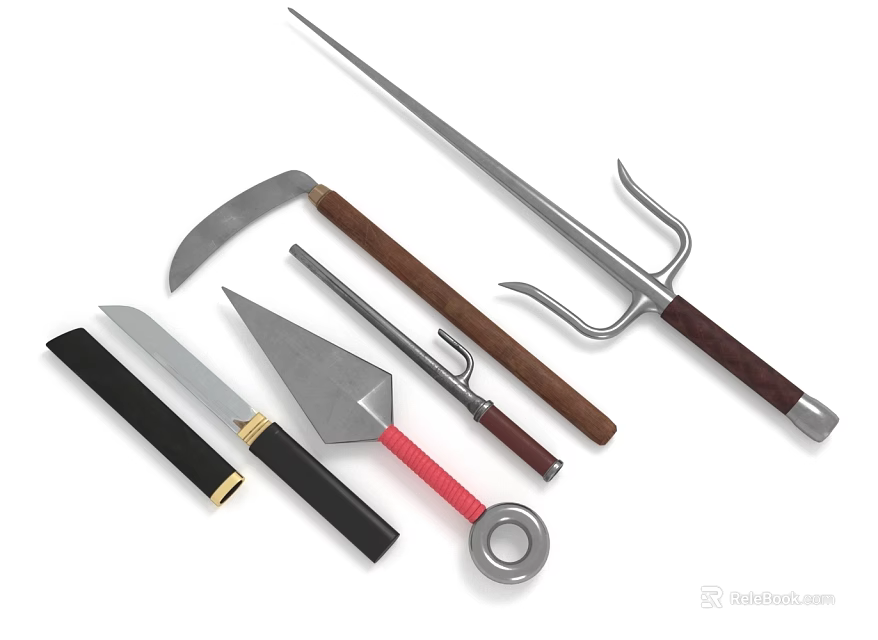Assorted Cold Weapons Featuring Knives Swords Halberds Sickles With Metal Blades And Colored Handles 3d model 