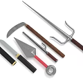 Assorted Cold Weapons Featuring Knives Swords Halberds Sickles With Metal Blades And Colored Handles