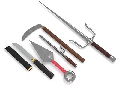 Assorted Cold Weapons Featuring Knives Swords Halberds Sickles With Metal Blades And Colored Handles 3d model