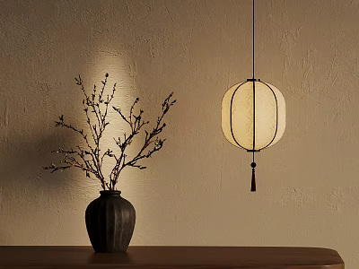 Minimalist Interior Decor With Dark Vase Dried Branches And Lantern Pendant Light 3d model
