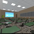 School Classroom Interior Featuring Green Tables Chairs Projector Screen Windows Green Plant And Ceiling Lights