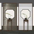 Decorative Partition Screen With Wooden Frame Octagonal Mirror And Plant Stand 3d model