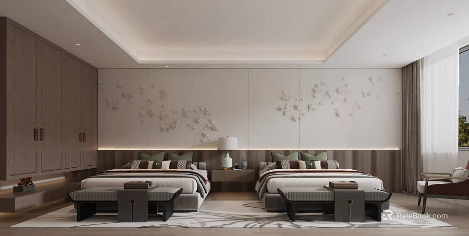 Elegant Modern Bedroom Interior With Two Beds Floral Patterned Wall Nightstands Table Lamps And Benches 3d model 
