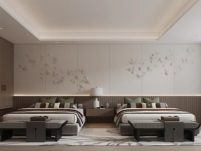 Elegant Modern Bedroom Interior With Two Beds Floral Patterned Wall Nightstands Table Lamps And Benches 3d model