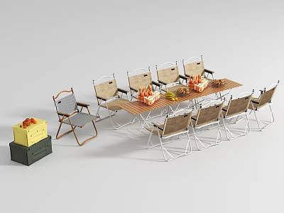 Wooden Dining Table Set With Foldable Chairs Metal Frame And Storage Crates 3d model