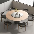 Modern Round Wooden Dining Table Set With Grey Chairs And Table Decorations 3d model