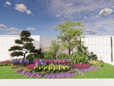 Flower Bed and Flower Pots with Colorful Flowers Green Grass and Trees by White Wall 3d model