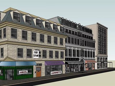 Traditional And Modern Commercial Street With Live Music Laundrette Shop Fronts And Signs 3d model