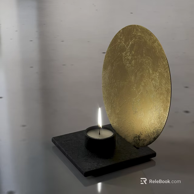 Decorative Ornament Combination with Lit Candle and Golden Circular Moon Texture on Black Square Base 3d model 
