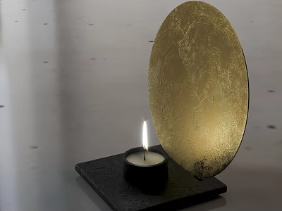 Decorative Ornament Combination with Lit Candle and Golden Circular Moon Texture on Black Square Base 3d model