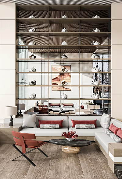 Modern Hotel Public Lounge Interior Design With Comfortable Sofas Hanging Lamps Artwork And Large Windows 3d model