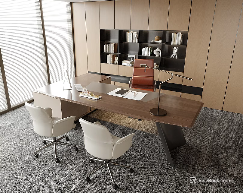 Modern Office Desk Interior With Two White Chairs Lamp Notebook And Bookshelf Window 3d model 